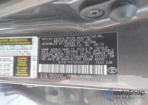 2013 Toyota Camry Xle z USA, uszkodzony, nr VIN 4T4BF1FK7DR320731